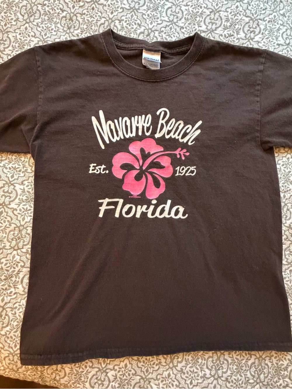 Navarre Beach Florida XS Brown T-Shirt with Pink Hibiscus